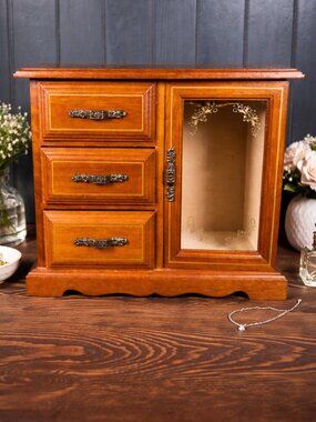 Vintage Musical Jewelry Box, Wood Armoire Style Organizer with Glass Door